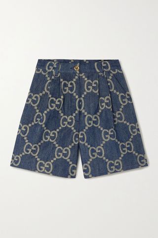 Gucci + Jumbo GG Leather-Trimmed Pleated Denim-Jacquard Shorts