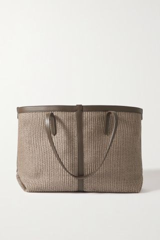 Brunello Cucinelli + Bead-Embellished Leather-Trimmed Woven Cotton-Blend Tote