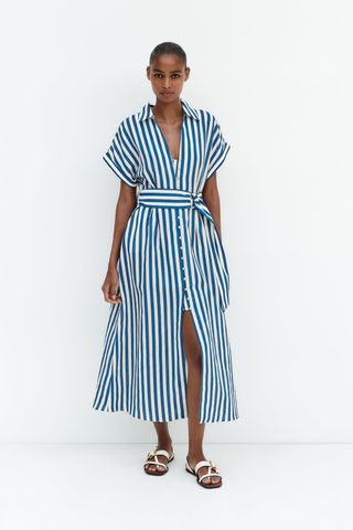 Zara + Striped Linen Blend Shirtdress