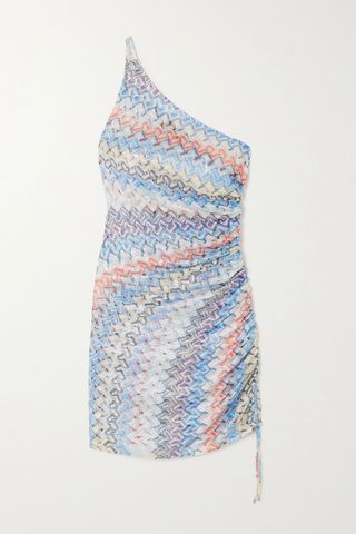Missoni + Mare One-Shoulder Ruched Metallic Crochet-Knit Mini Dress