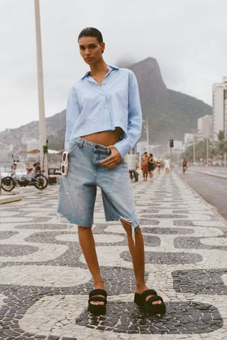 Zara + High-Waist Denim Bermuda Shorts