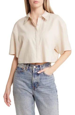 Open Edit + Crop Linen Blend Button-Up Shirt