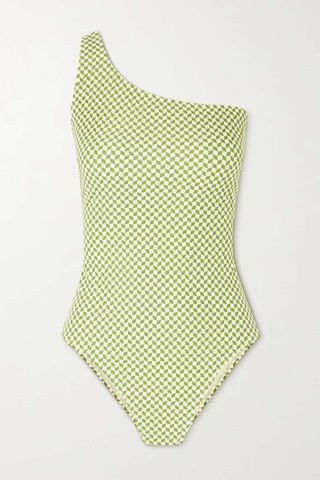 Peony + One-Shoulder Checked Stretch-ECONYL Swimsuit