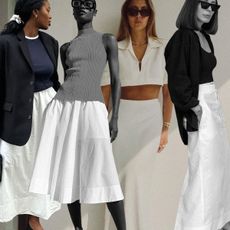 a collage of white skirt outfits