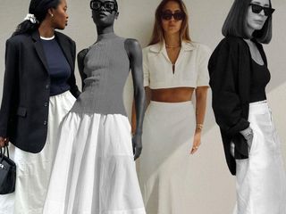 a collage of women wearing white skirt outfits