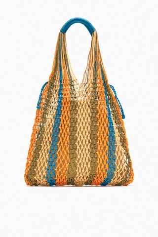Zara + Multi-Color Striped Mesh Tote Bag