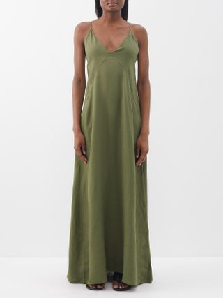 Another Tomorrow + Plunge-Neck Organic-Linen Maxi Dress