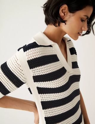 M&S Collection + Pure Cotton Striped Collared Knitted Top