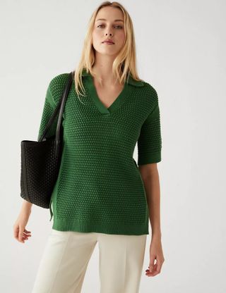 M&S Collection + Pure Cotton Collared Knitted Top