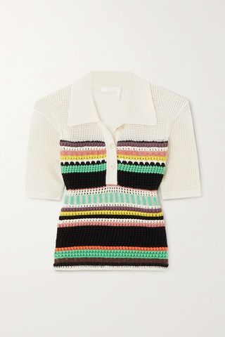 Chloé + Striped Crochet-Paneled Wool Polo Shirt