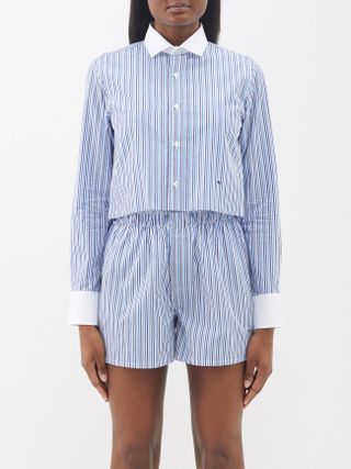 Hommegirls + Contrast-Collar Striped Cotton Cropped Shirt