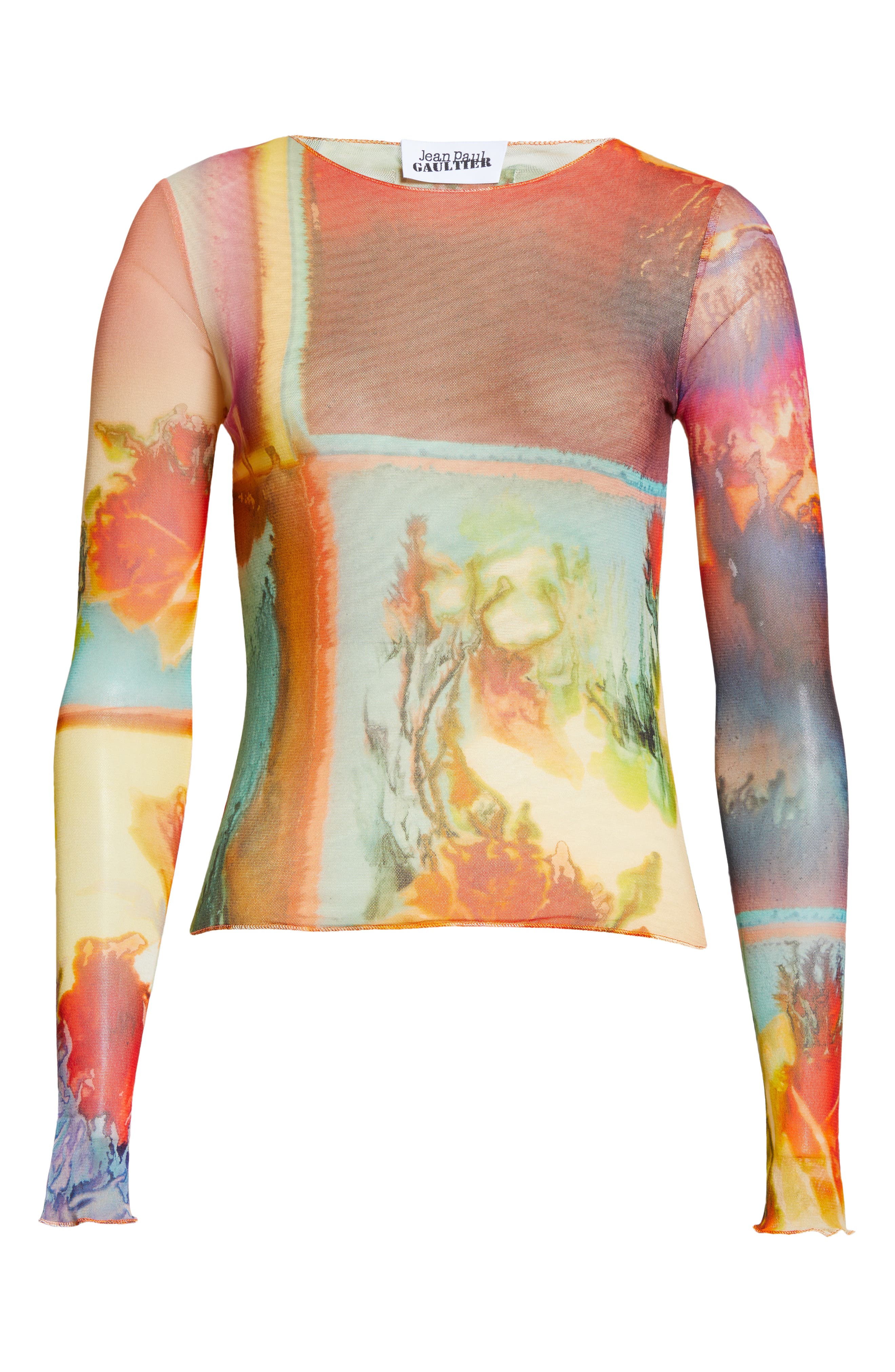 Jean Paul Gaultier + Scarf Print Long Sleeve Tulle Top