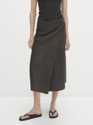 Massimo Dutti + Asymmetric Wrap-Style Linen Midi Skirt