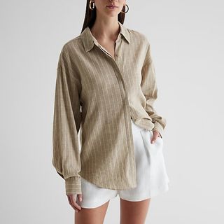 Express + Linen-Blend Striped Boyfriend Portofino Shirt