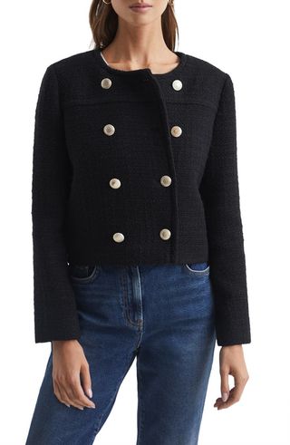 Reiss + Esmie Double Breasted Tweed Crop Jacket
