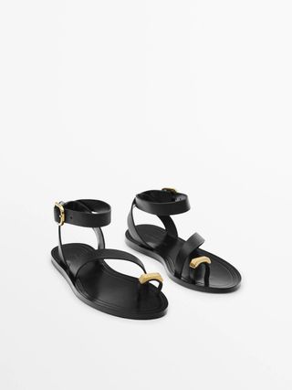 Massimo Dutti + Leather Flat Sliders Sandals With Metallic Piece