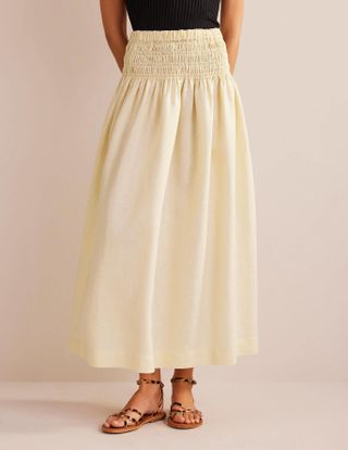 Boden + Shirred Waist Linen Midi Skirt