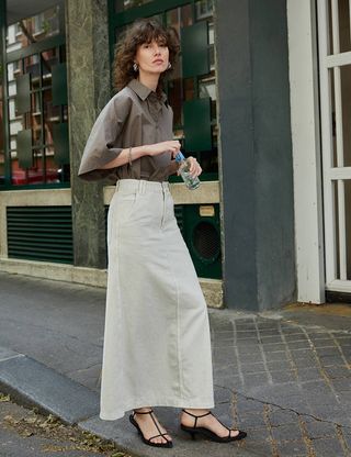 Pixie Market + White Washed Denim Maxi Skirt