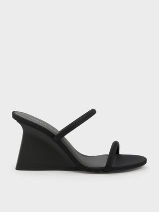 Charles & Keith + Black Textured Double Strap Wedge Mules