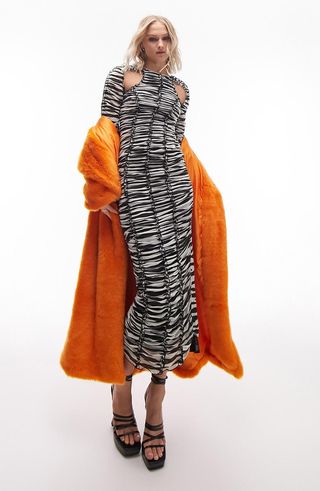 Topshop + Zebra Ruched Cutout Long Sleeve Mesh Midi Dress