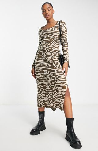 Asos Design + Zebra Long Sleeve Sweater Midi Dress