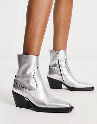Mango + Leather Cowboy Boots in Silver