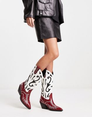 ASOS + Cupid Contrast Western Knee Boot in Black and Red Mix