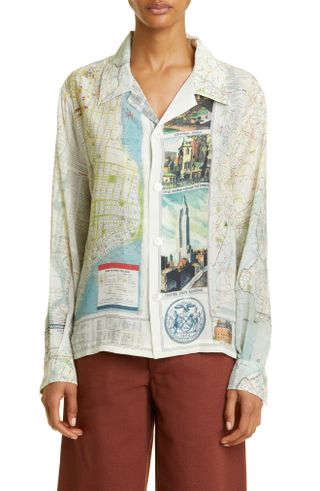 Bode + New York City Map Long Sleeve Silk Button-Up Shirt