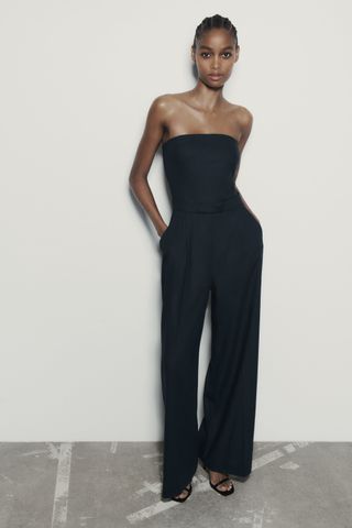 Zara + Strapless Linen Blend Jumpsuit