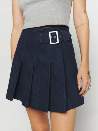 Reformation + Billie Pleated Denim Mini Skirt