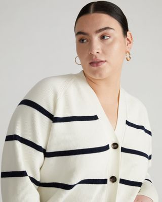 Universal Standard + Better-Than-Wool Cardigan in White/Navy Stripe