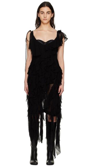 Dries Van Noten + Black Ruffled Midi Dress