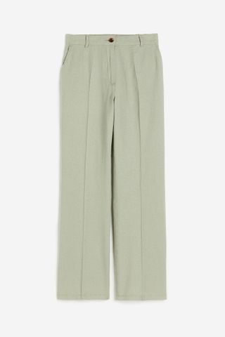 H&M + Linen-Blend Twill Trousers in Light Khaki Green