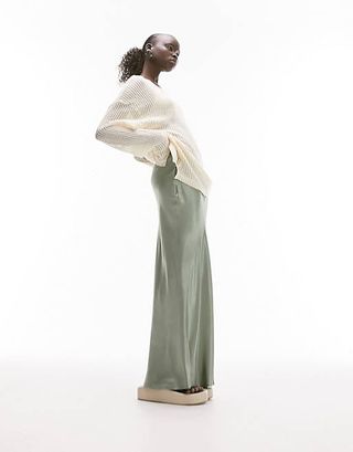 Topshop + Petite Satin Bias Maxi Skirt in Sage Green