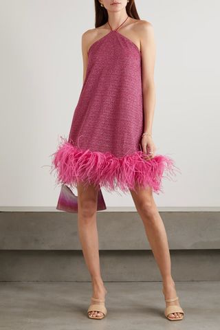 Oséree + Lumière Feather-Trimmed Metallic Stretch-Knit Halterneck Mini Dress in Pink