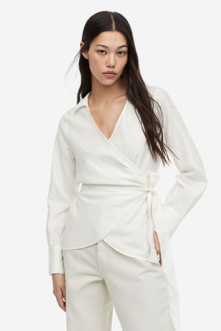 H&M + Linen-Blend Wrap Blouse in White