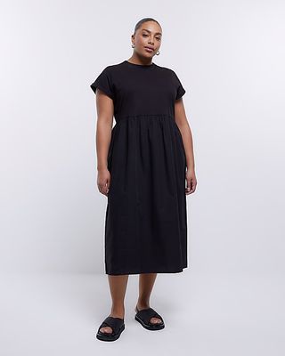 River Island + Plus Black Poplin T-Shirt Midi Dress