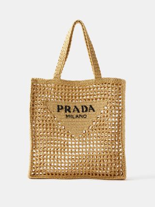 Prada + Logo-Woven Raffia Tote Bag
