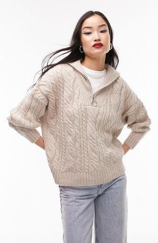 Topshop + Cable Knit Half Zip Sweater