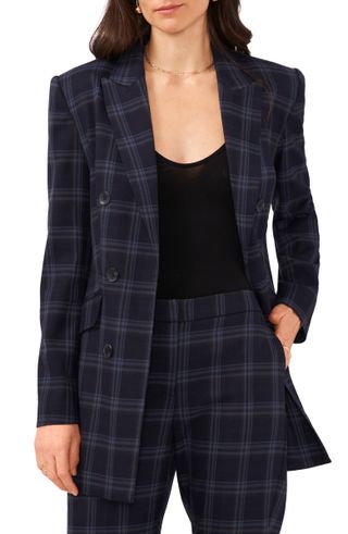 Vince Camuto + Plaid Double Breasted Longline Blazer