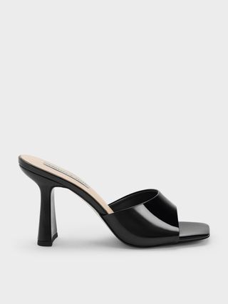 Charles & Keith + Patent Square Toe Heeled Mules in Black Patent