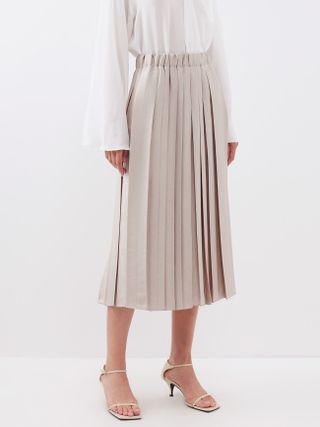 Tibi + Feather Weight Pleated Twill Midi Skirt