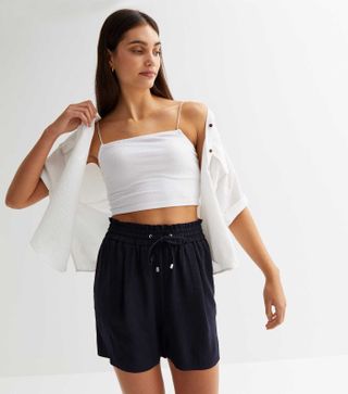 New Look + Navy Shirred Waist Drawstring Shorts