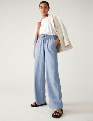 M&S Collection + Linen Rich Wide Leg Trousers in Light Chambray