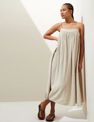 M&S Collection + Linen Rich Square Neck Midi Cami Dress in Calico