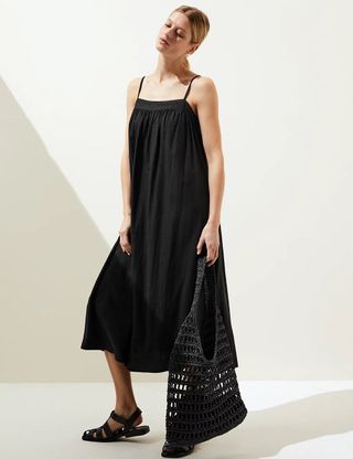 M&S Collection + Linen Rich Square Neck Midi Cami Dress in Black