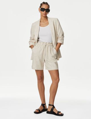 M&S Collection + Linen Blend Ruched Sleeve Blazer