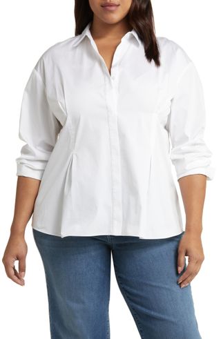 Nordstrom + Pleated Cotton Poplin Button-Up Shirt