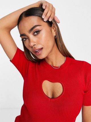 QED London + Heart Cut Out Ribbed Top in Red