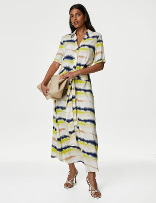 M&S Collection + Printed Collared Belted Midi Shirt Dress